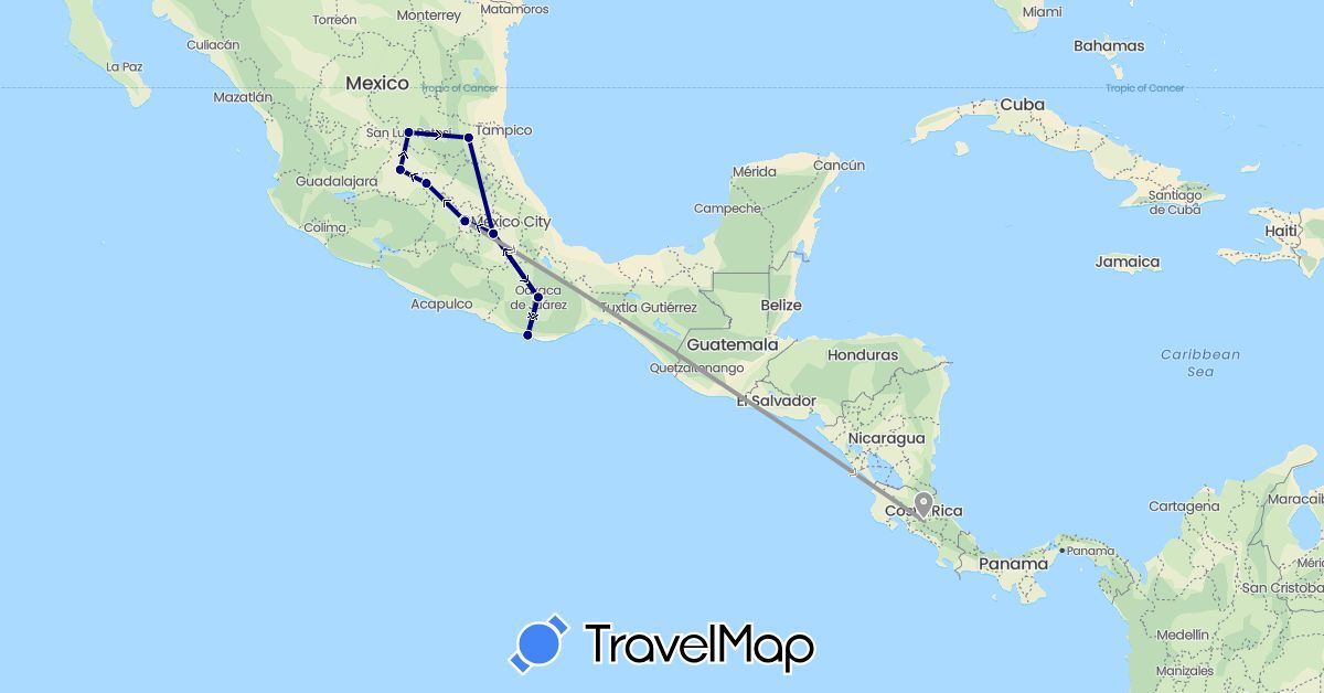 TravelMap itinerary: driving, plane in Costa Rica, Mexico (North America)